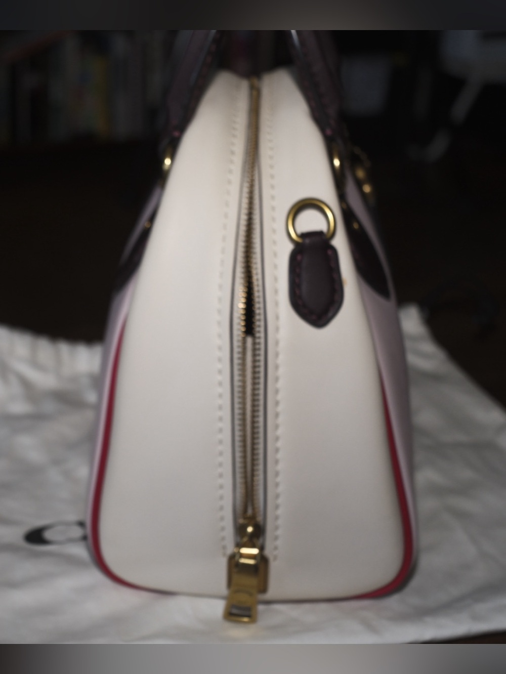 Coach Colorblock Pink  and Cream Marliegh Satchel w/Oxblood Trim and Red Piping - Picture 4 of 15